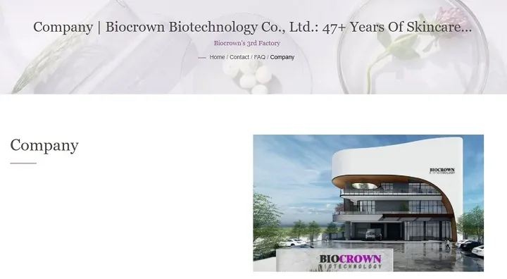 Webpage showcasing Biocrown Biotechnology Co., Ltd. with company building image.